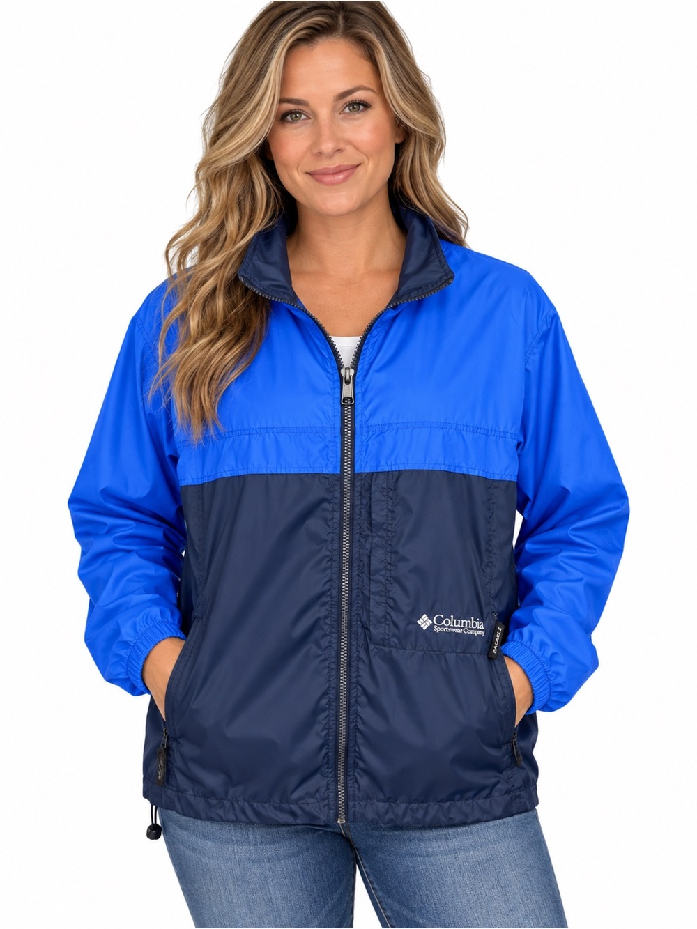 Columbia Sportswear Women’s Large Packable Windbreaker Jacket Blue Navy Full Zip